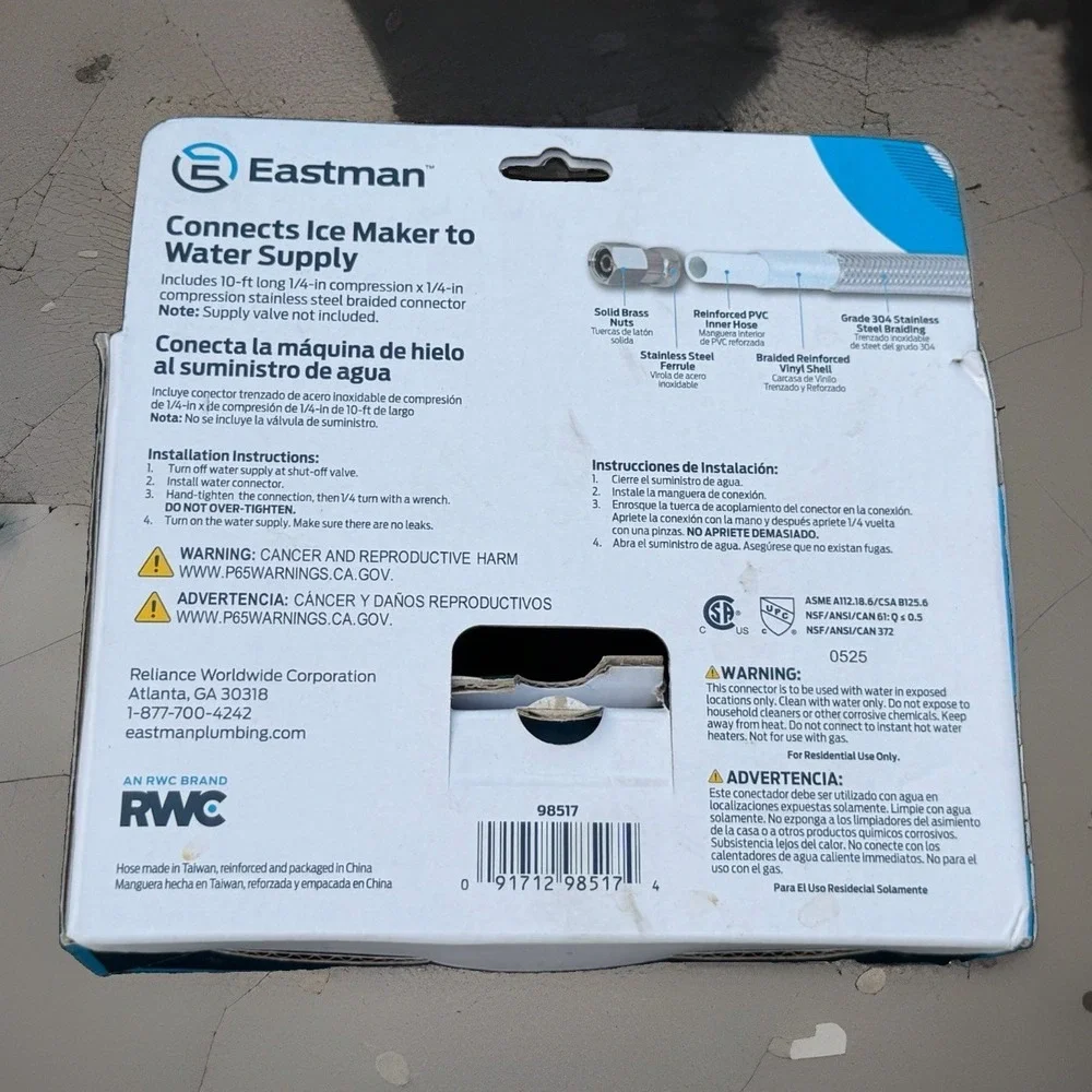 Eastman 10ft Stainless Steel Braided Refrigerator Ice‎ Maker Connector